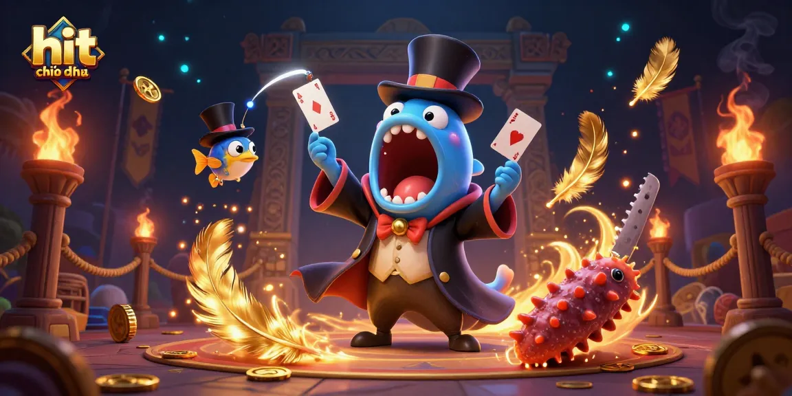 Hit club chính thức showcases a vibrant 3D illustration with magical gaming elements and characters creating excitement in a casino environment.