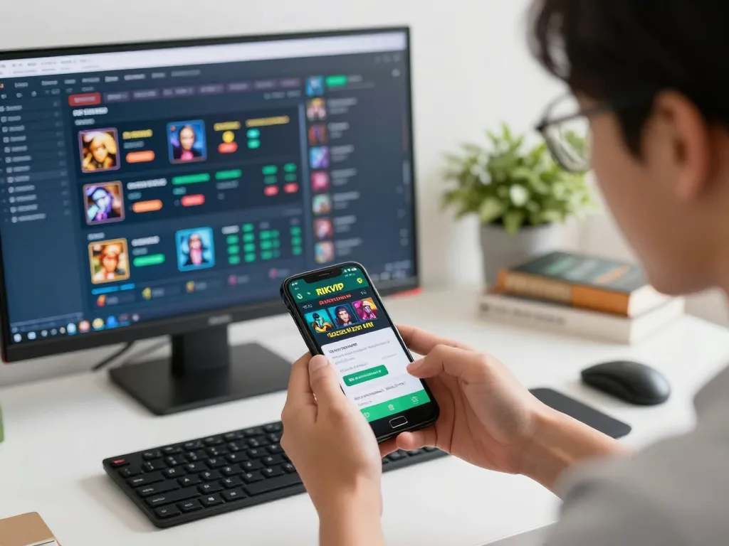 Engaging with the RIKVIP app on a smartphone, showcasing online casino gaming excitement