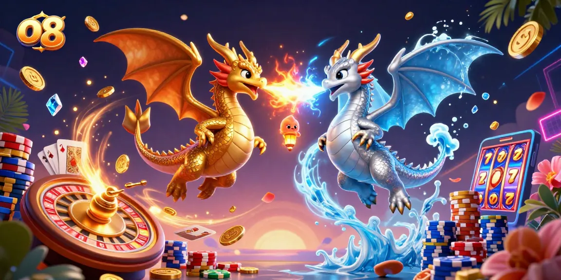 Win big at o8 while enjoying a dynamic 3D illustration of dragons amidst cascading casino elements.