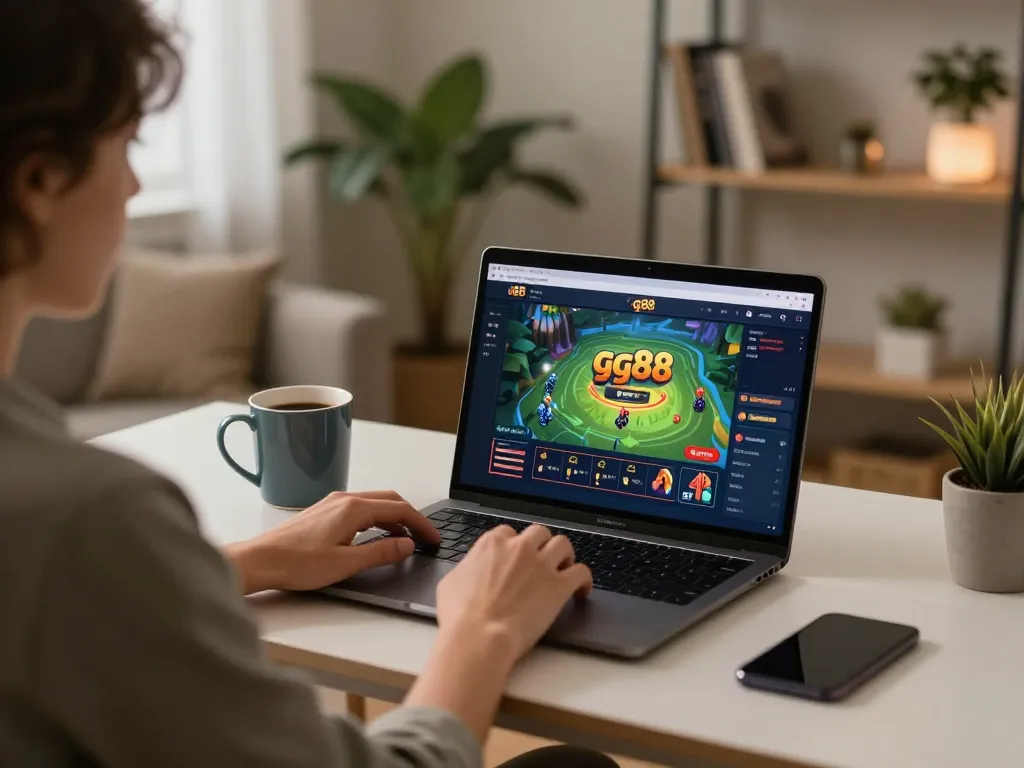 Engaging with the gg88 online casino from home, poised for strategic gameplay on a laptop.