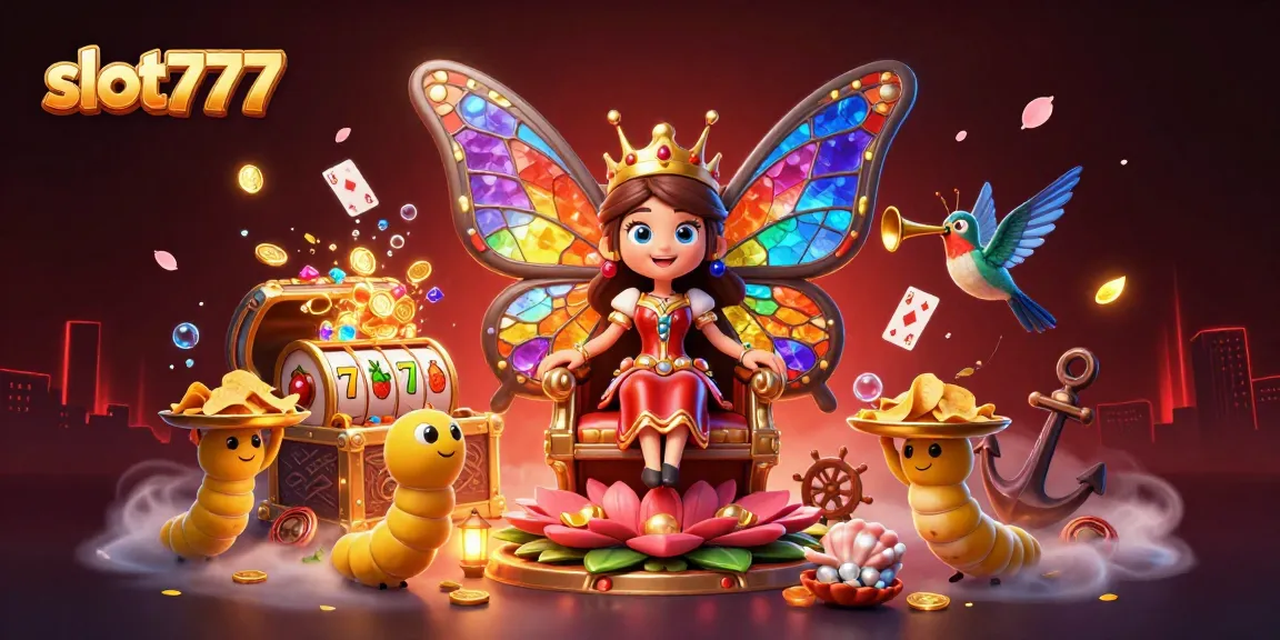 Spin the slot777 reels with butterflies and treasures in this vibrant digital casino illustration.