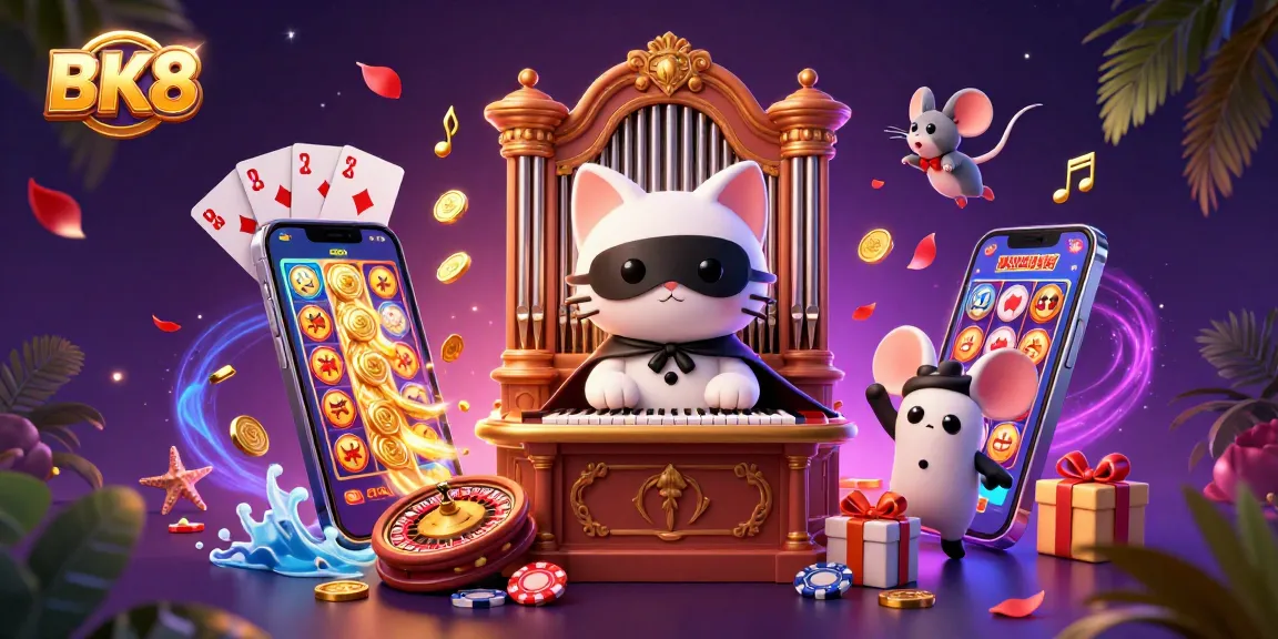 Engage with BK8's vibrant casino world showcasing a whimsical cat playing music surrounded by gaming elements.