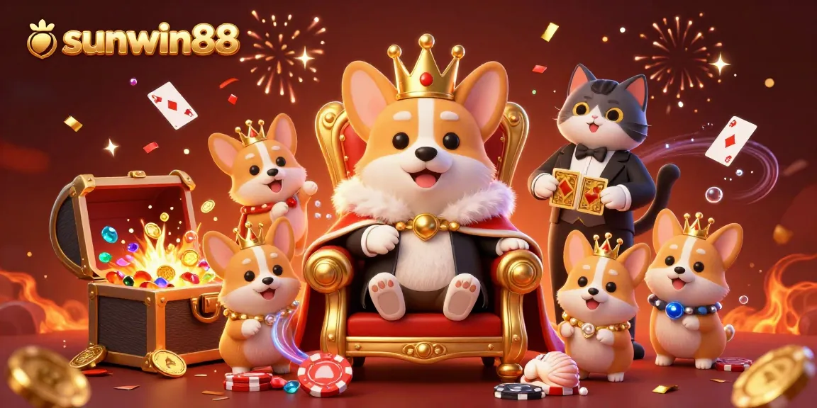 Experience thrilling gameplay at sunwin88 with an illustration of a royal corgi casino scene packed with energy.