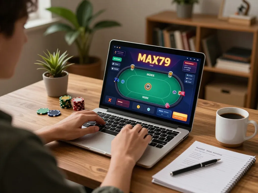Player engaging with the MAX79 online casino interface, illustrating a relaxed home gaming experience.