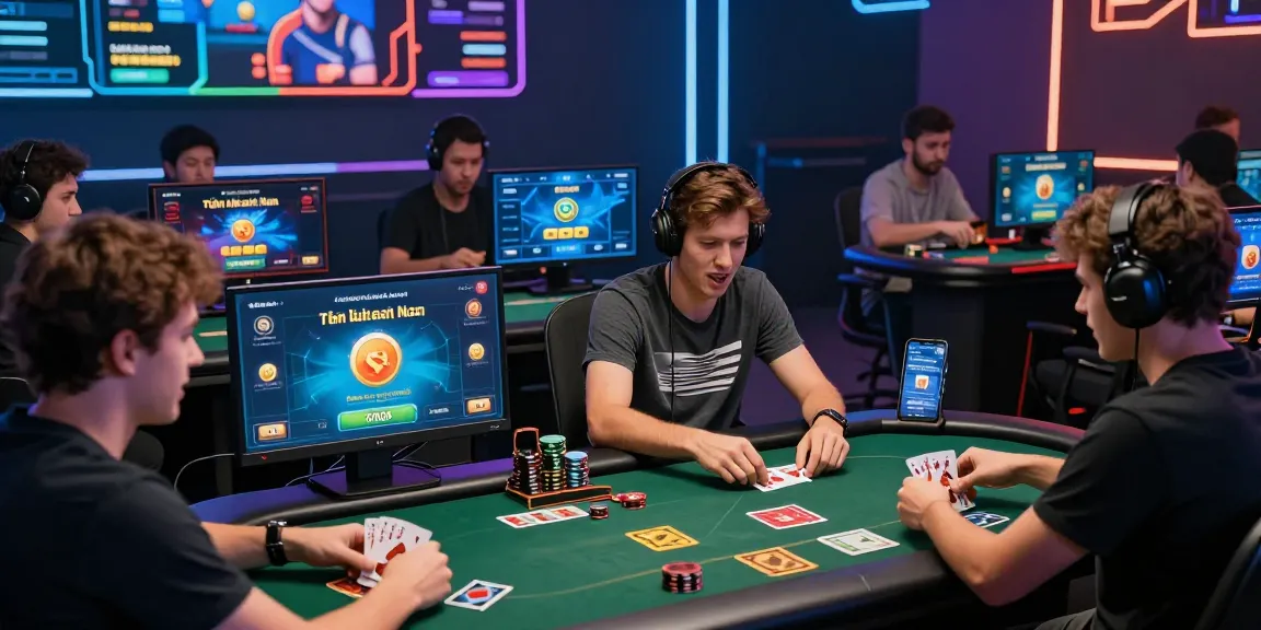 Players enjoying game đổi thưởng online, engaged in card games with vibrant graphics and dynamic atmosphere.