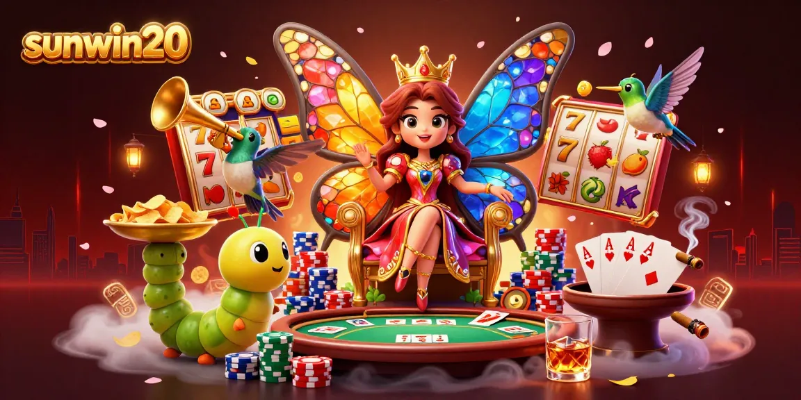 Celebrate winnings with sunwin20 in this vibrant slots-themed illustration, showcasing rich casino elements.
