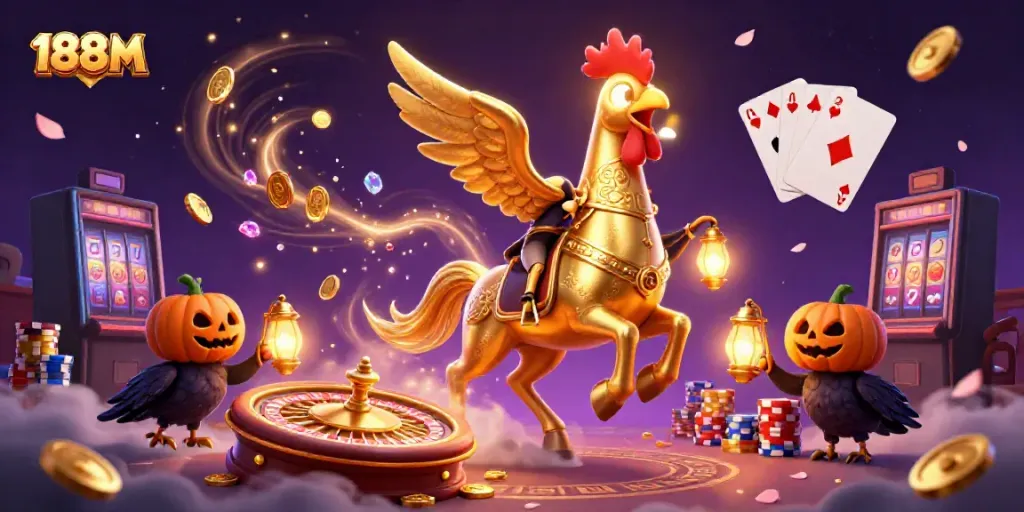 Experience the thrill of gaming at 188 M with a vibrant casino scene featuring a golden rooster and dynamic game elements.