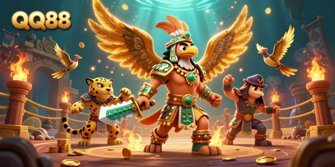 Experience thrilling gameplay with QQ88's mesmerizing Aztec warriors battling in a vibrant casino environment.