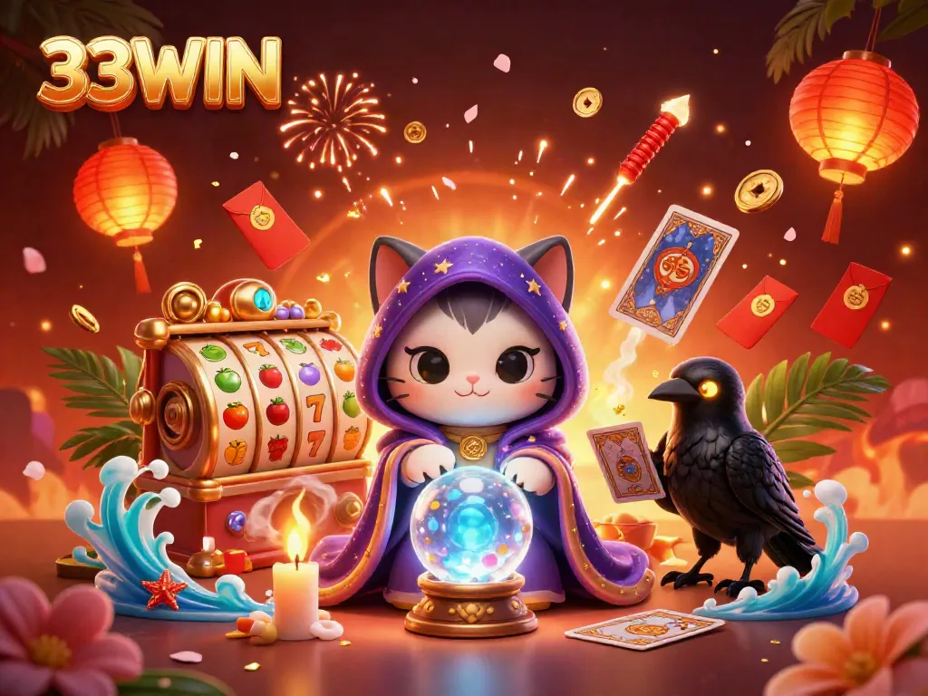 Hình ảnh 33WIN thể hiện trò chơi slot với cat tiên tri và quạ đánh bài, đầy màu sắc và hấp dẫn.