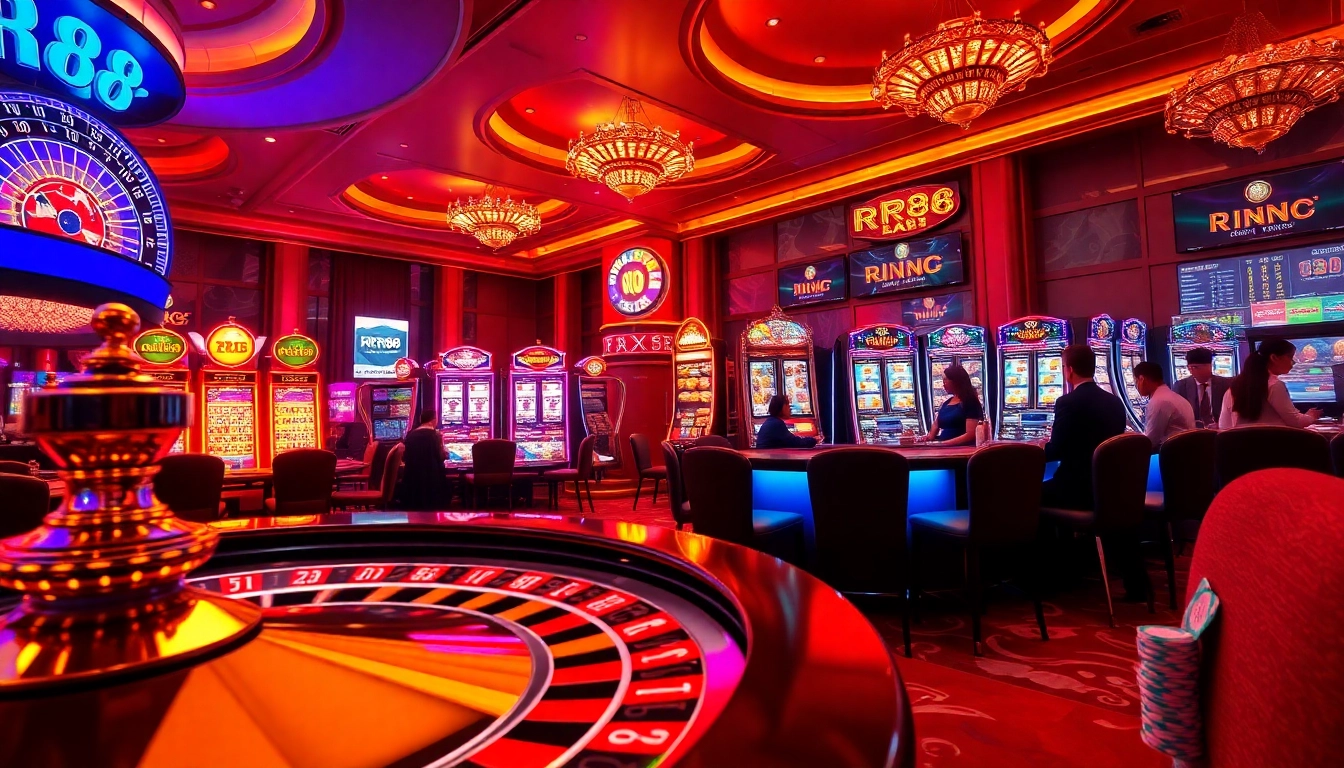 Experience the thrill of RR88 with luxurious casino elements like roulette and poker chips in an engaging atmosphere.