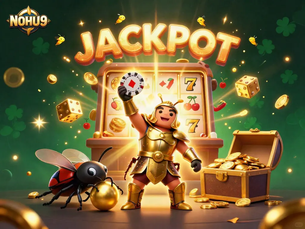 Engage in thrilling casino action with NOHU90 as a hercules beetle celebrates jackpot wins!