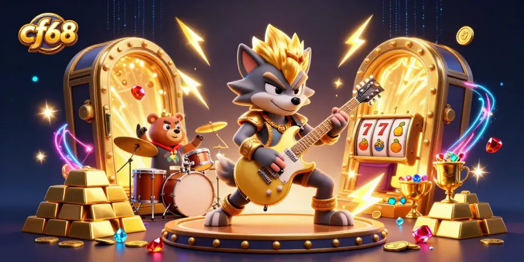 Engage with cf68's thrilling casino adventure featuring vibrant 3D characters in a dynamic gaming scene.