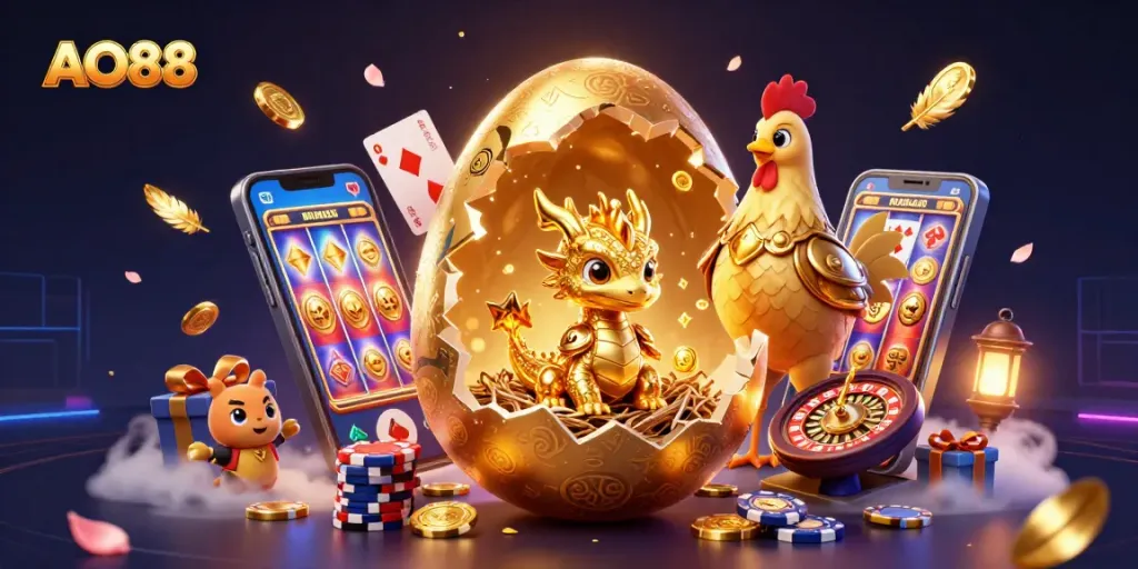 Experience thrilling gameplay with AO88, featuring a golden dragon in a vibrant casino environment.