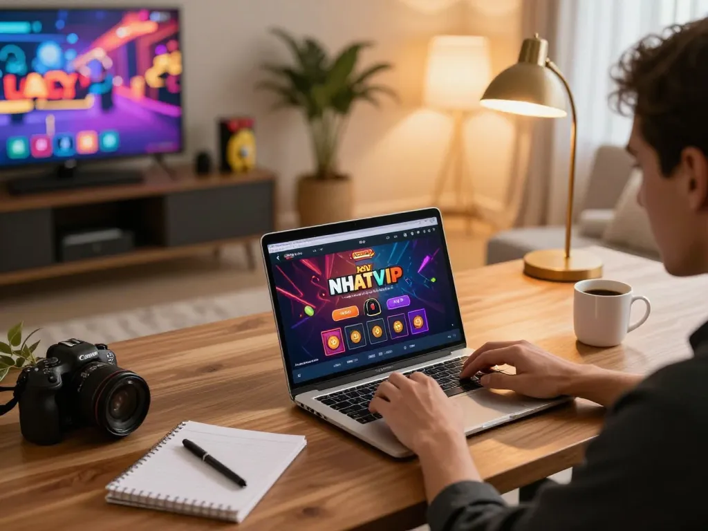 Engaging gameplay on nhất vip 9 displayed on a laptop with vibrant home decor.
