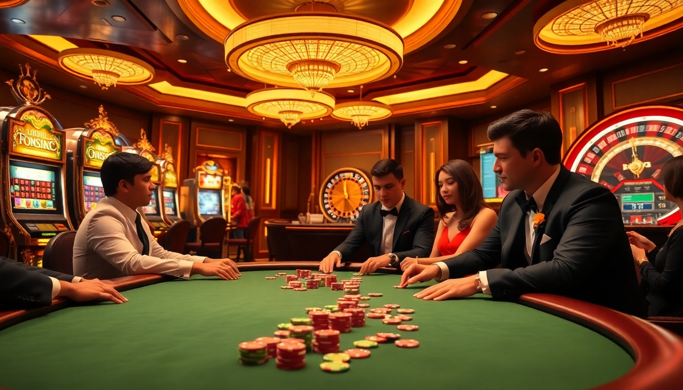 Exciting poker action at NK88's luxurious casino with focused players and vibrant atmosphere.