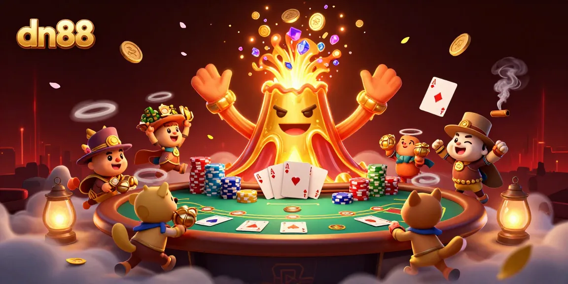 Experience exhilarating gameplay at dn88, where a triumphant volcano erupts coins against a dynamic casino backdrop.