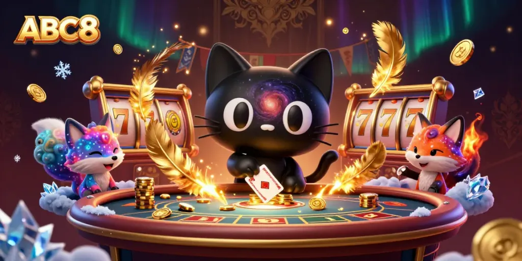 Win big at ABC8 casino with an irresistible cosmic scene featuring playful characters and dynamic gaming elements.