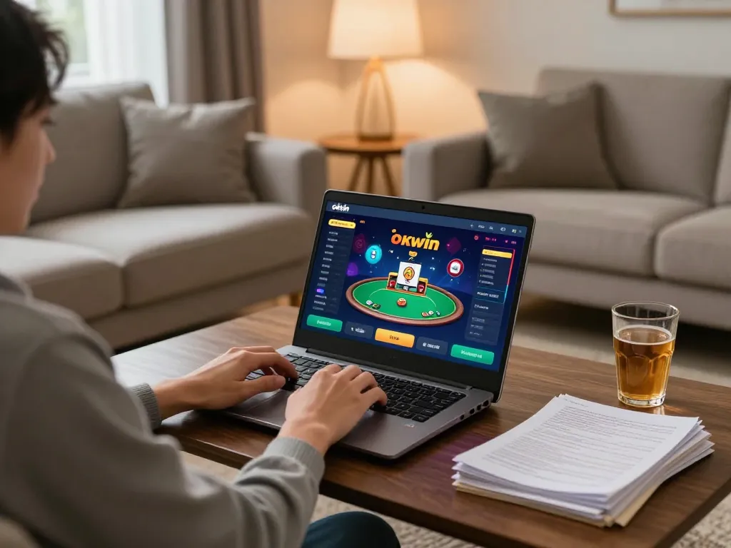 Engaging poker game on okwin app screen during home gaming session