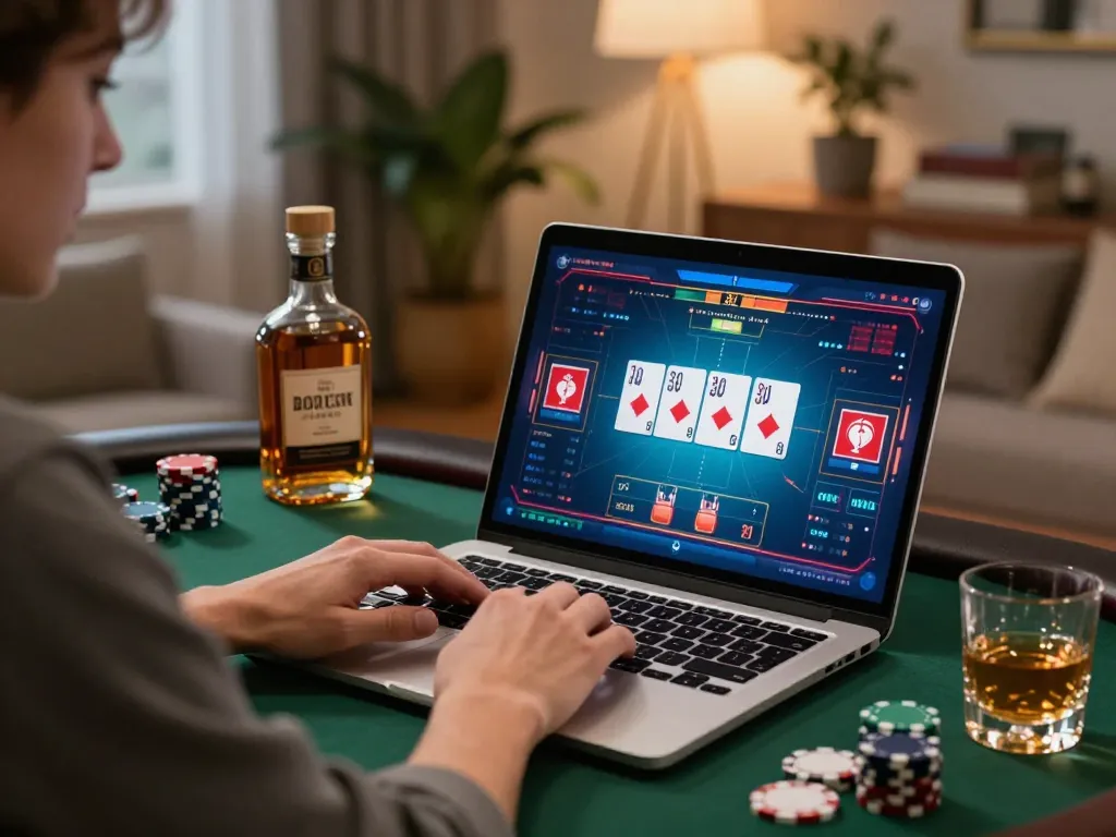 Person engaging in online poker at a stylish desk, showcasing mb 66 gaming interface, captures strategic gambling excitement.