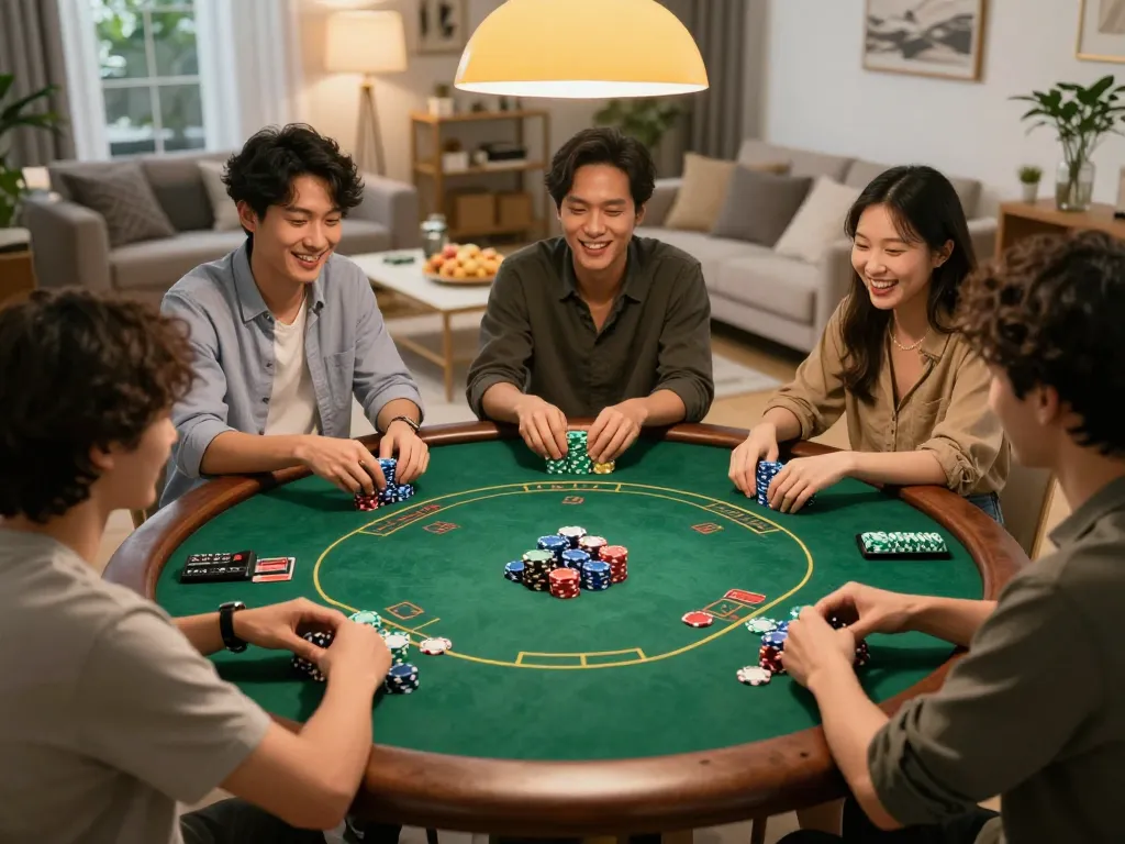 Sahabat menikmati permainan poker di rumah, dengan chip dan kartu idn777, dalam suasana yang nyaman.