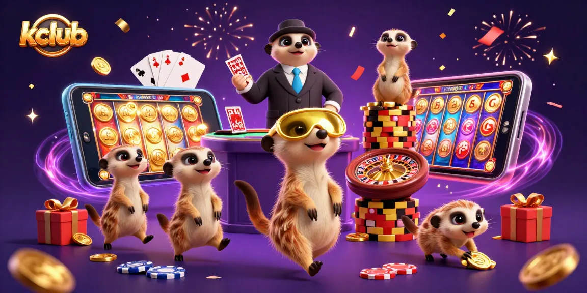 Kclub casino features vibrant meerkats managing games, symbolizing fun and excitement in gaming.