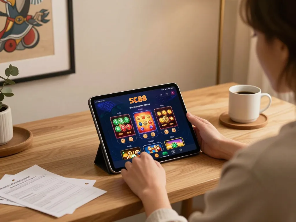 Engaged player using the SC88 app for strategic online gambling in a cozy setting.