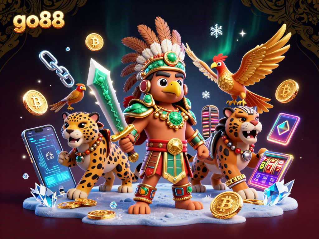 Experience the excitement of go88 casino with vibrant Aztec characters surrounded by glowing crypto themes and slot elements.
