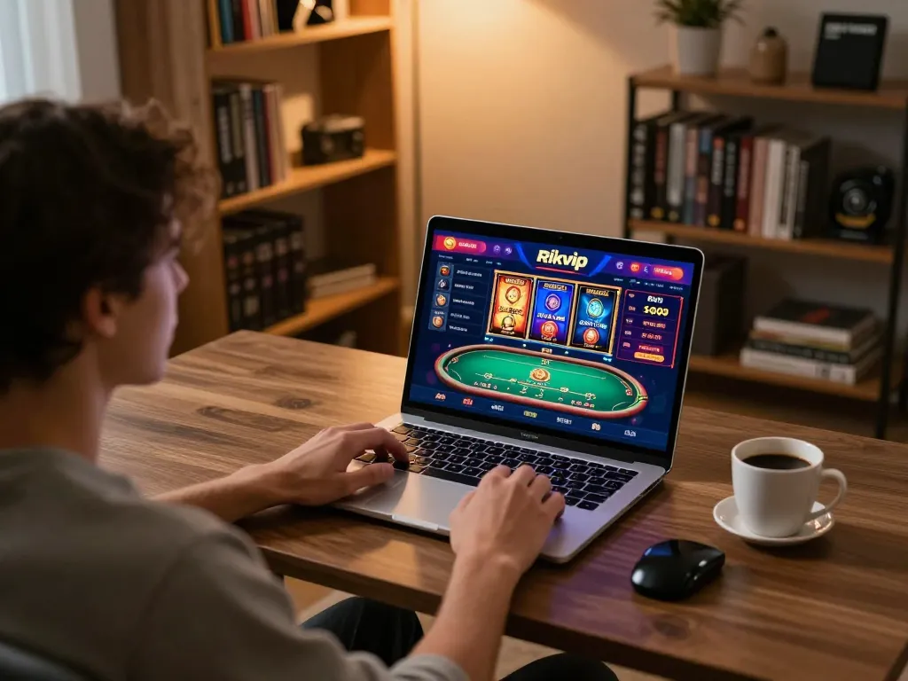 Engaging in online gaming at home with Rikvip casino interface displayed on laptop.