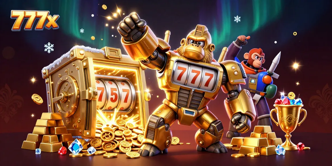 Engage with the dynamic 777x gambling experience featuring a golden gorilla mech and treasures.