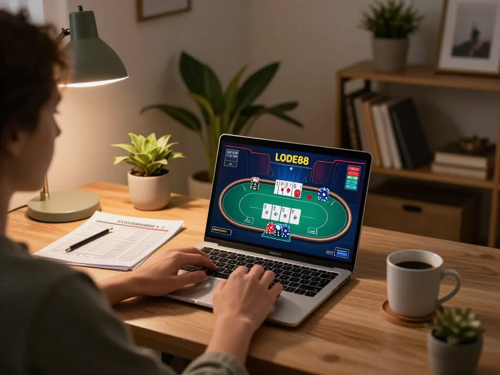 Engaging online poker session at LODE88 with a player strategizing next to notes and laptop.