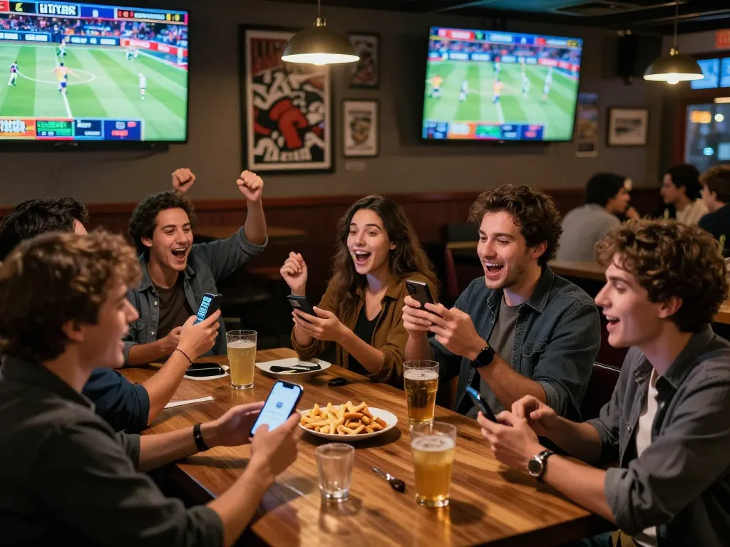 Friends passionately engaging in sports betting while watching a game at a lively venue, showcasing GVUI excitement.