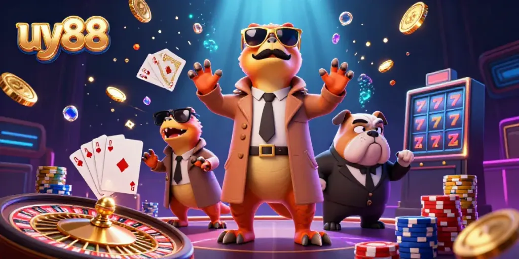 Experience top-tier fun at uy88 with lively cartoon raptors entering a VIP casino in style.