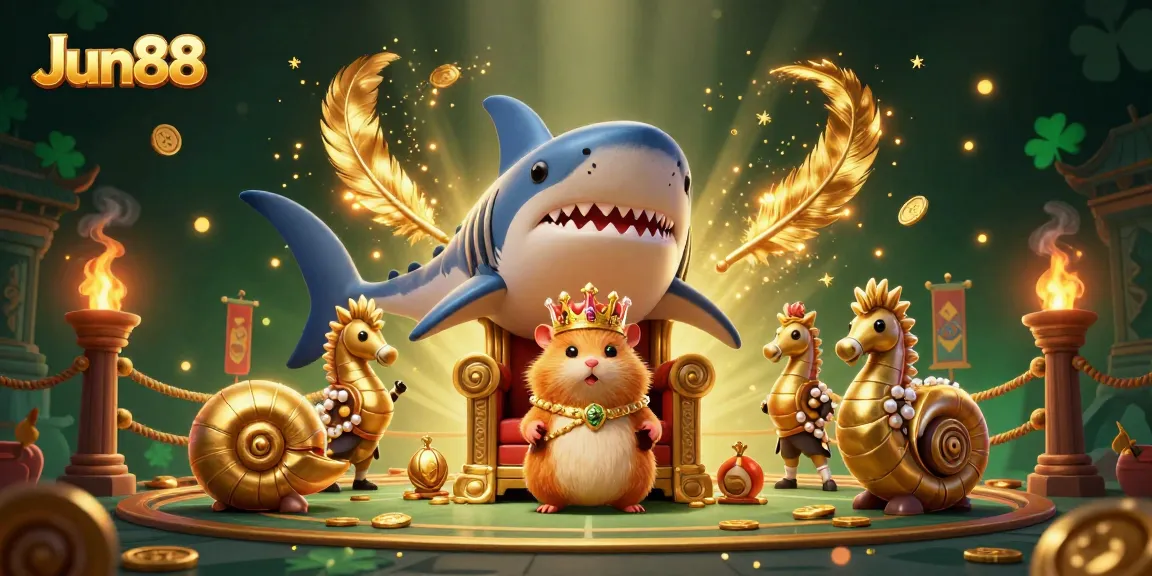 Jun88 shows a fierce golden hamster king among exotic characters, perfect for casino action.