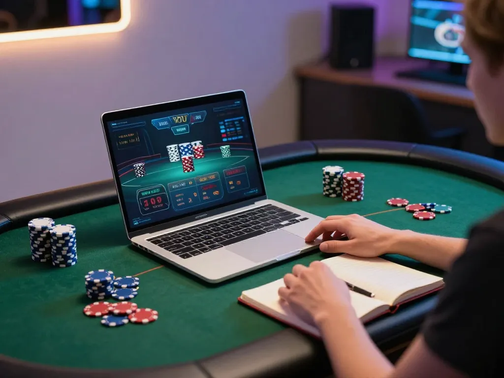 Engaging in hi88 đăng ký for online gaming, showcasing a dynamic laptop setup filled with casino games and strategies
