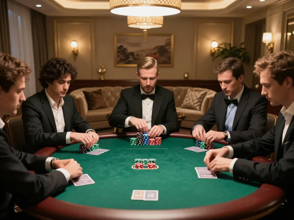 Engaged players strategizing in a luxurious KP88 poker game, vibrant chips and cards stacked on the table.