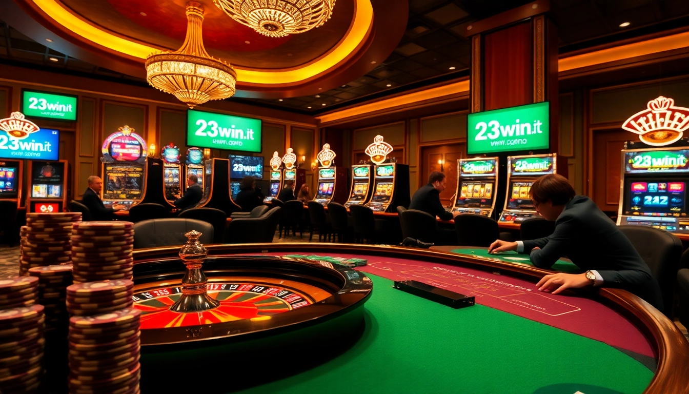 Engage with the luxury of casinos at 23win1.it.com, featuring vibrant slot machines, poker chips, and roulette thrills.