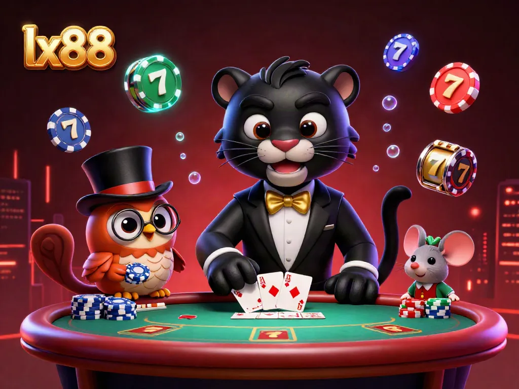 lx88 players engage with a stylish panther at a poker table surrounded by vibrant casino elements.