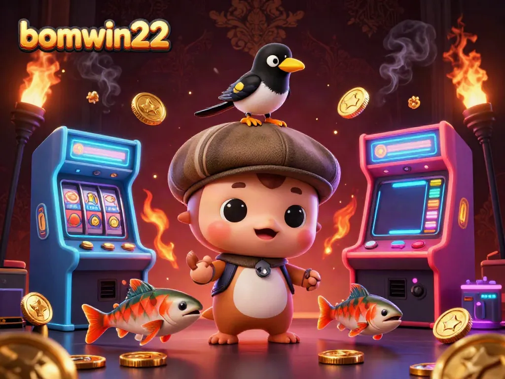 Engage in fun and excitement at bomwin22 with vibrant casino-themed characters and colorful game elements.