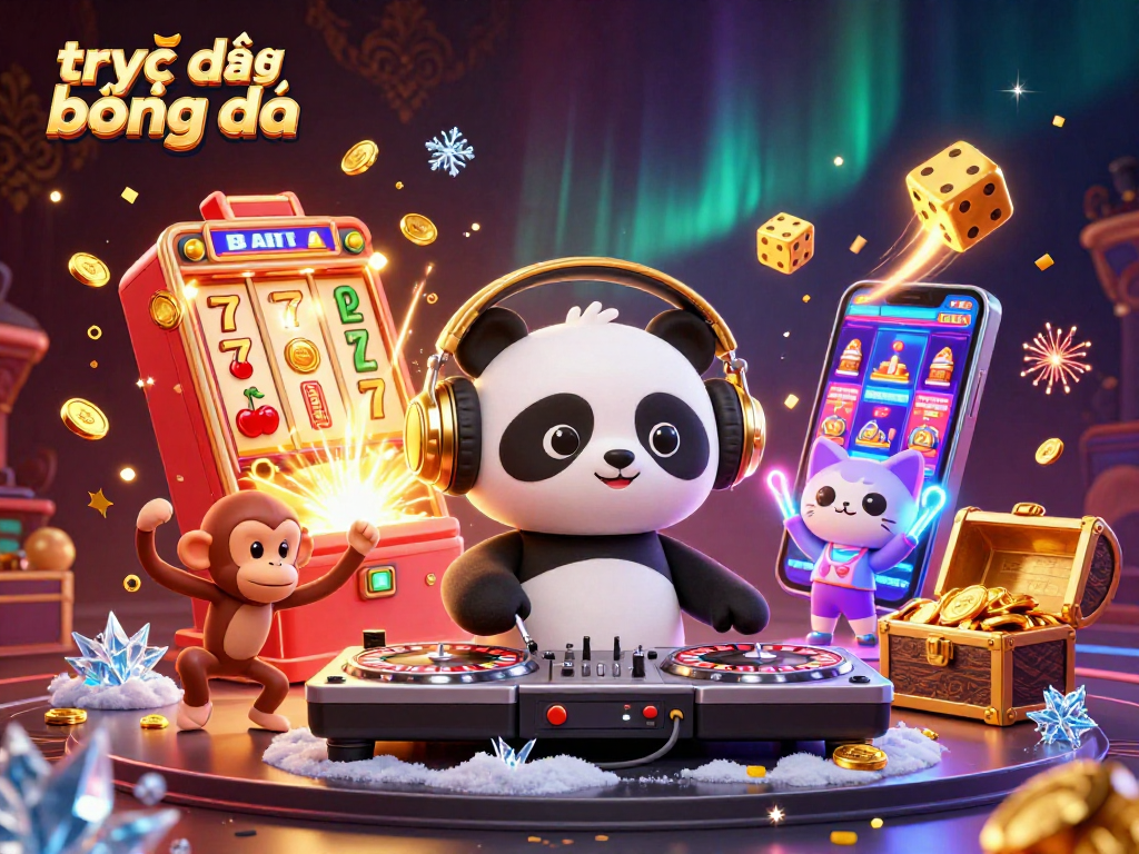 Experience trực tiếp bóng đá excitement with a vibrant 3D DJ panda, monkey, and kitten surrounded by casino treasures.