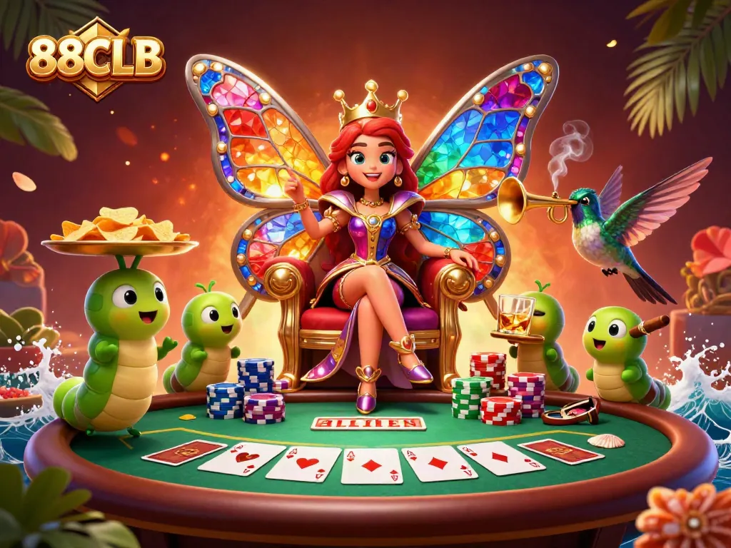 Win big at 88CLB with a colorful casino scene featuring a butterfly queen and poker elements.