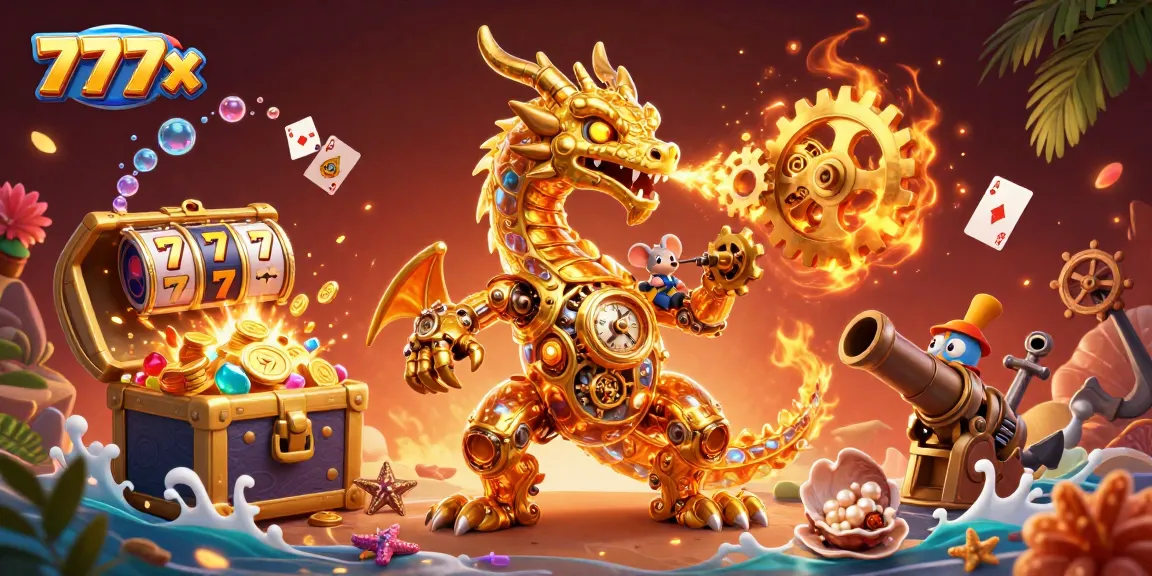 Experience the excitement of 777x with a treasure-filled casino scene featuring slot reels and dynamic characters.