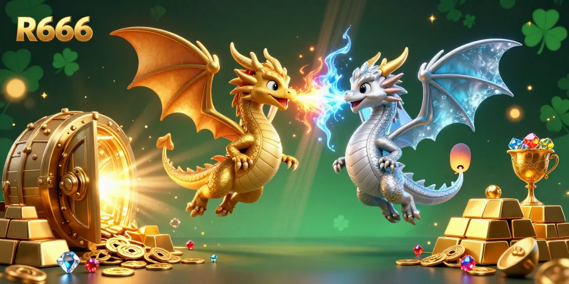 Win big with R666 in this vibrant gaming scene featuring dragons and treasure.