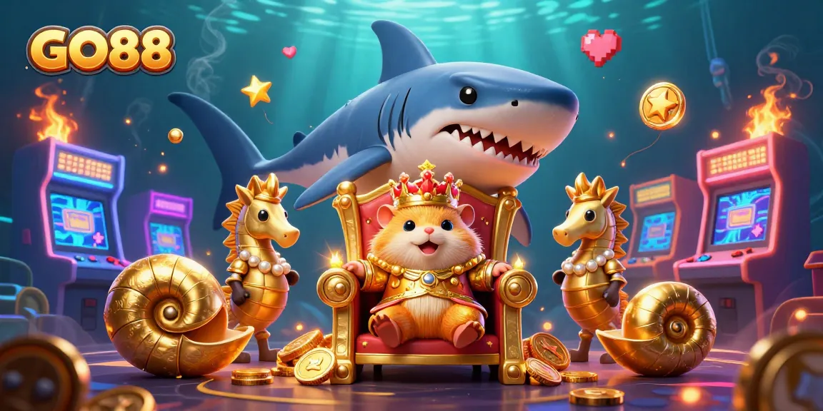 Engage in thrilling gameplay at GO88 with an action-packed 3D scene featuring a golden hamster king and vibrant game elements.