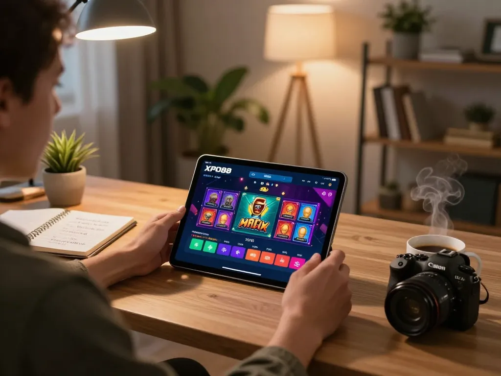 XPRO88 online casino app interface displayed on tablet in a cozy home gaming setup