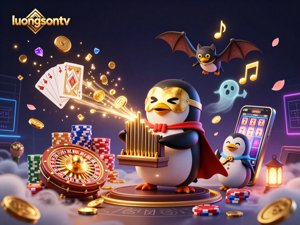 Experience the excitement of luongsontv with gold coins cascading and animated characters in a vibrant casino atmosphere.