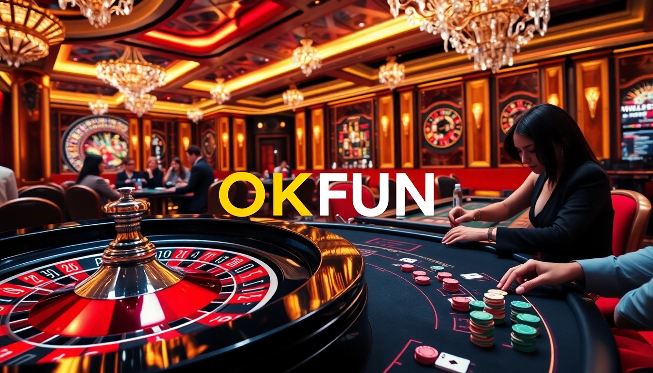 Players enjoying a thrilling game at OKFUN casino, highlighting poker chips and a roulette wheel.