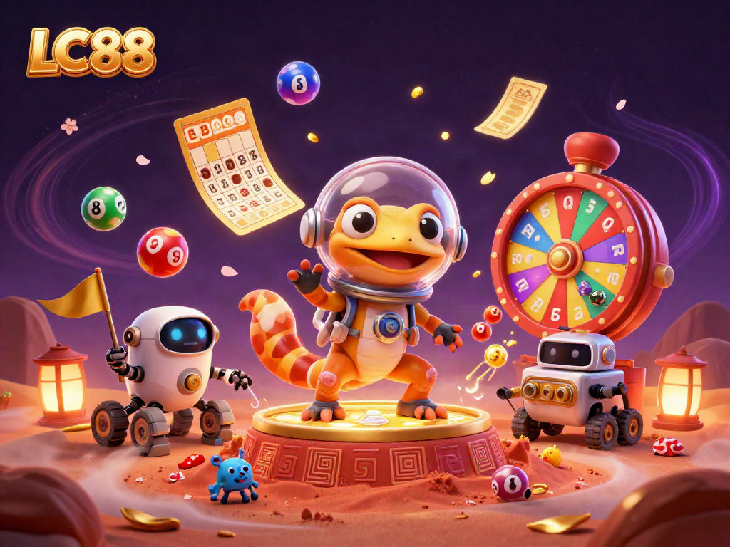 Engage with the thrilling gambling adventure at LC 88 featuring vibrant casino elements and a Martian gecko explorer.