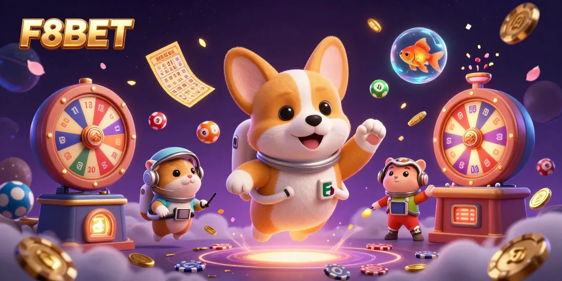 Experience F8BET's vibrant space casino with a corgi astronaut, while enjoying lottery games and winning opportunities.