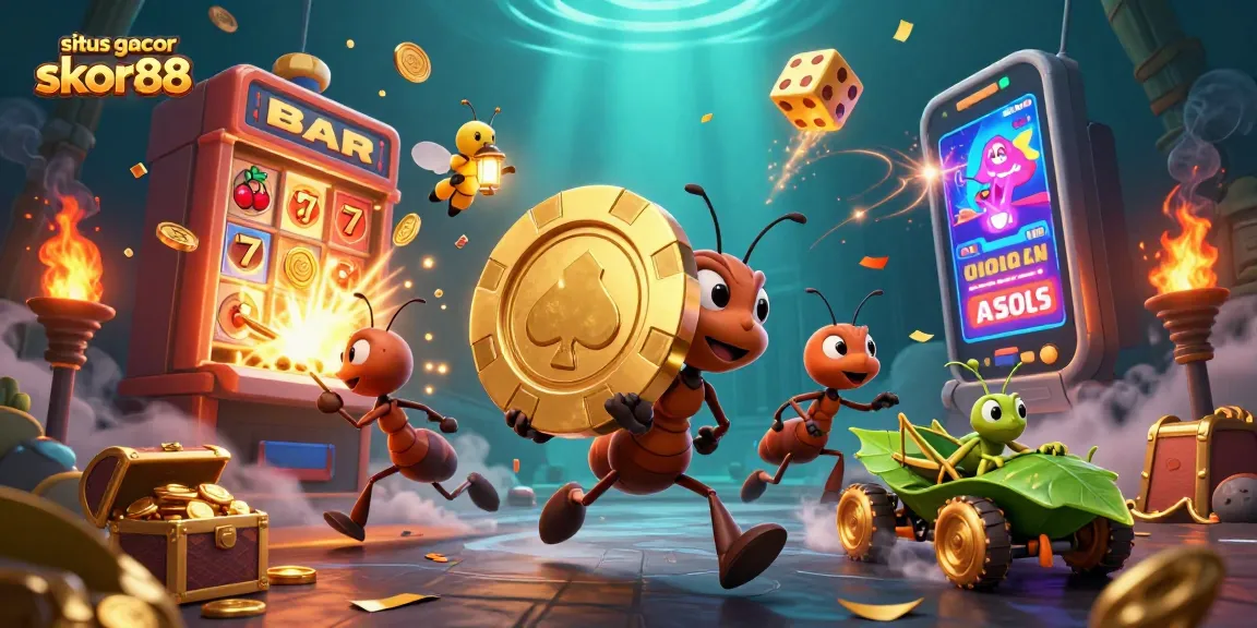 Experience thrilling action with situs gacor skor88 as ants carry giant poker chip through vibrant casino adventure.