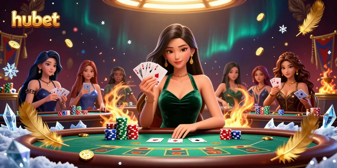 Experience intense poker action at hubet with a stunning Asian dealer showcasing a winning hand.